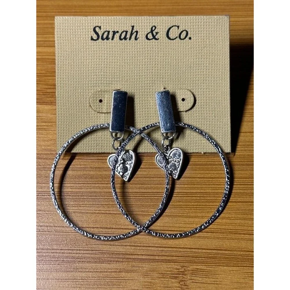 Sarah & Co Silver Tone Hoop Earrings with Rhinestone Heart Charm Dangle New